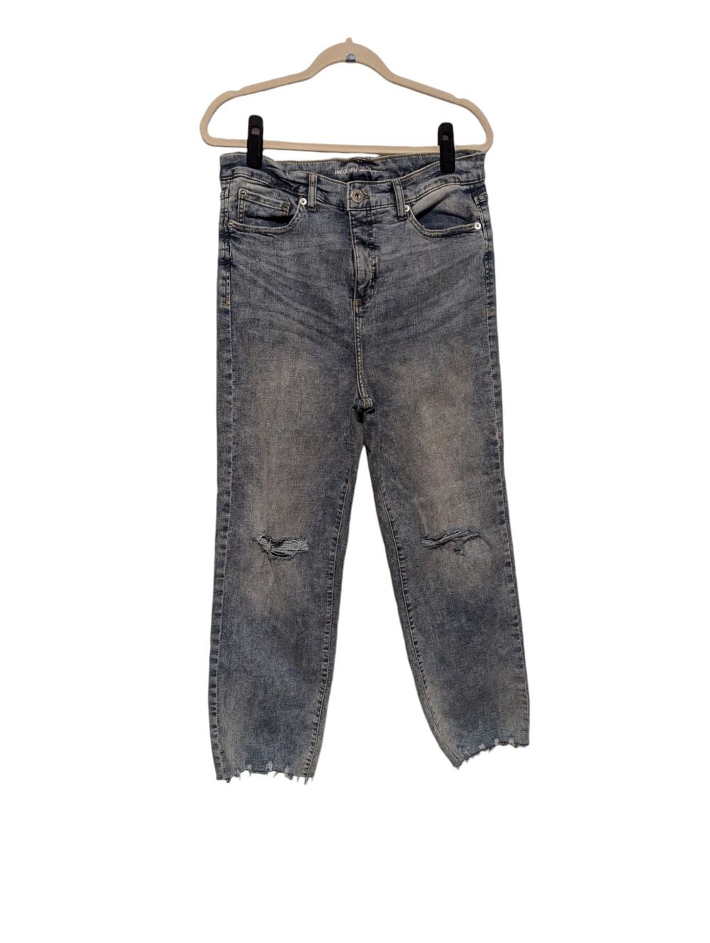 INC Denim Size 12 High Rise Straight Jeans Light Wash Distressed Raw Hem
